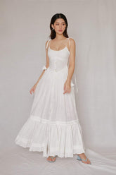 Sleeveless organza midi dress with tassel tie straps and gathered hemline detail